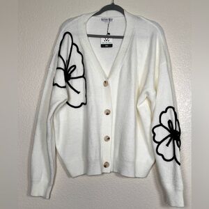 Michelle Mae white cardigan with black floral design, size 3X